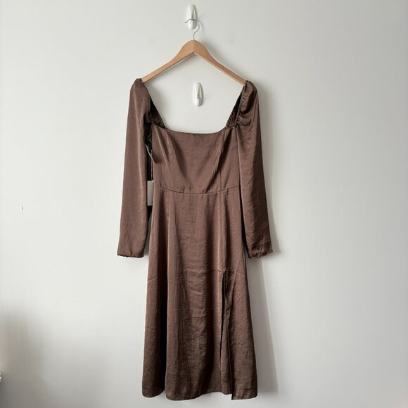 Aritzia Wilfred Bridgerton Satin Midi Dress NWT Cocoa Bean Brown Size 4 - Picture 6 of 10